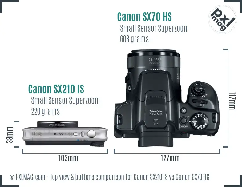 Canon SX210 IS vs Canon SX70 HS top view buttons comparison
