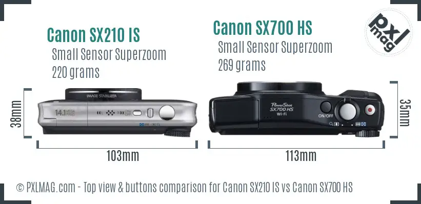 Canon SX210 IS vs Canon SX700 HS top view buttons comparison