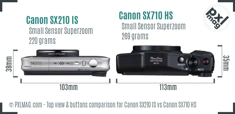 Canon SX210 IS vs Canon SX710 HS top view buttons comparison