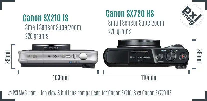 Canon SX210 IS vs Canon SX720 HS top view buttons comparison