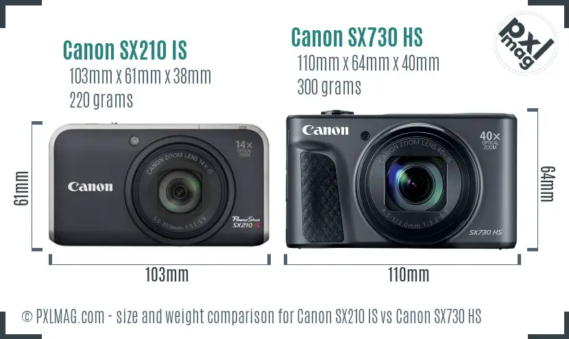 Canon SX210 IS vs Canon SX730 HS size comparison