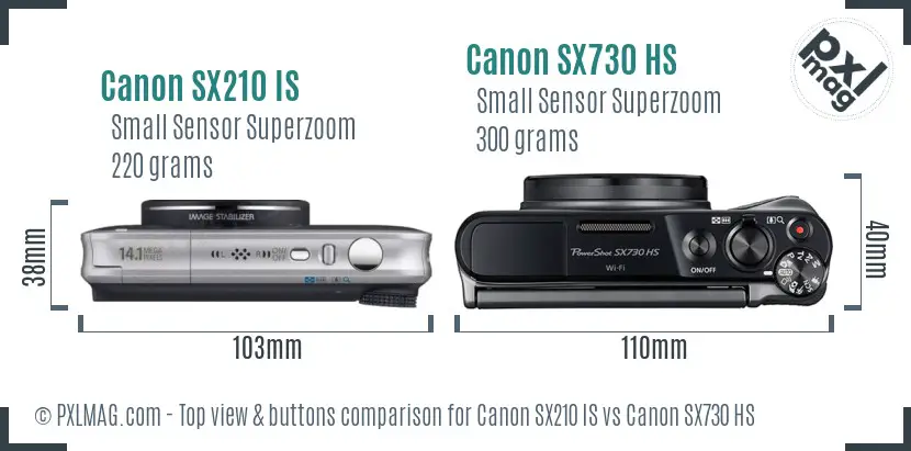Canon SX210 IS vs Canon SX730 HS top view buttons comparison