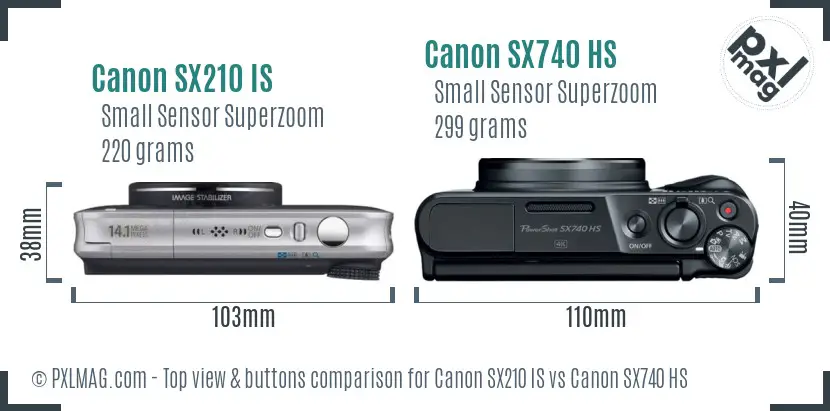 Canon SX210 IS vs Canon SX740 HS top view buttons comparison