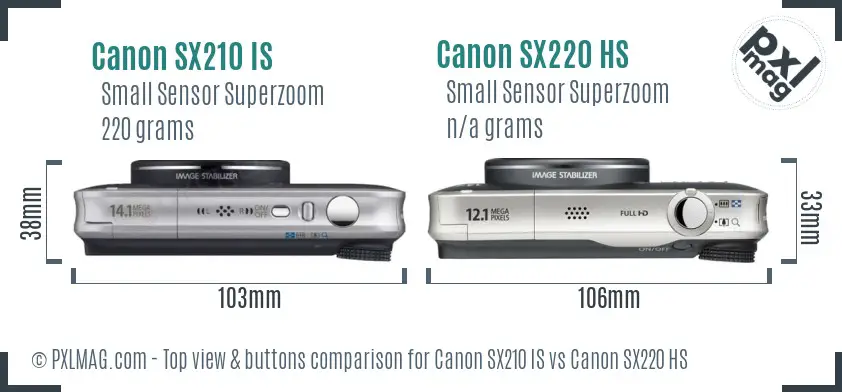 Canon SX210 IS vs Canon SX220 HS top view buttons comparison