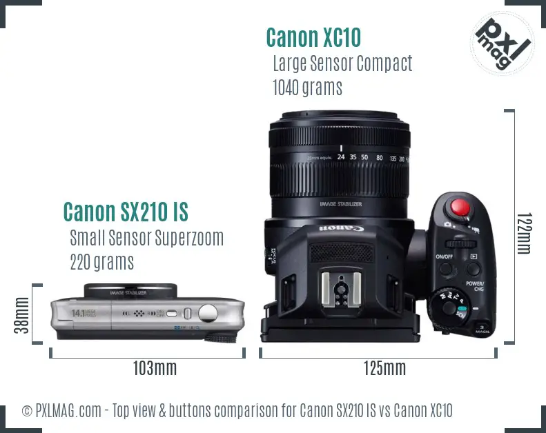 Canon SX210 IS vs Canon XC10 top view buttons comparison