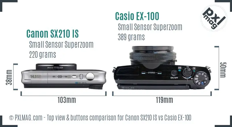 Canon SX210 IS vs Casio EX-100 top view buttons comparison Canon SX210 IS vs Casio EX-100 top view buttons comparison
