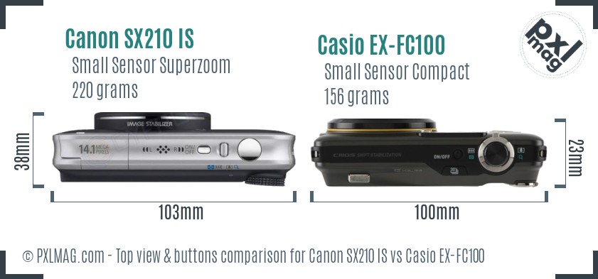 Canon SX210 IS vs Casio EX-FC100 top view buttons comparison