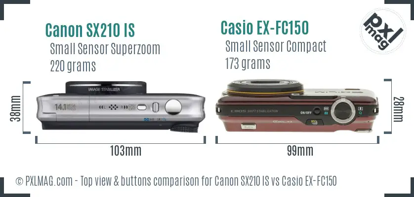 Canon SX210 IS vs Casio EX-FC150 top view buttons comparison