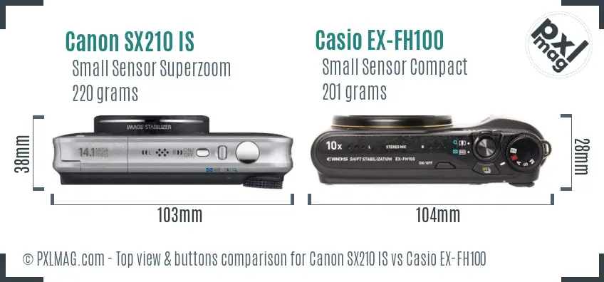 Canon SX210 IS vs Casio EX-FH100 top view buttons comparison