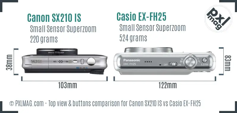 Canon SX210 IS vs Casio EX-FH25 top view buttons comparison