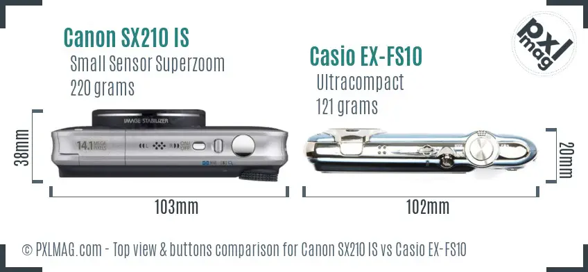 Canon SX210 IS vs Casio EX-FS10 top view buttons comparison