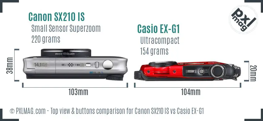 Canon SX210 IS vs Casio EX-G1 top view buttons comparison