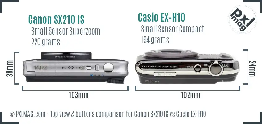 Canon SX210 IS vs Casio EX-H10 top view buttons comparison
