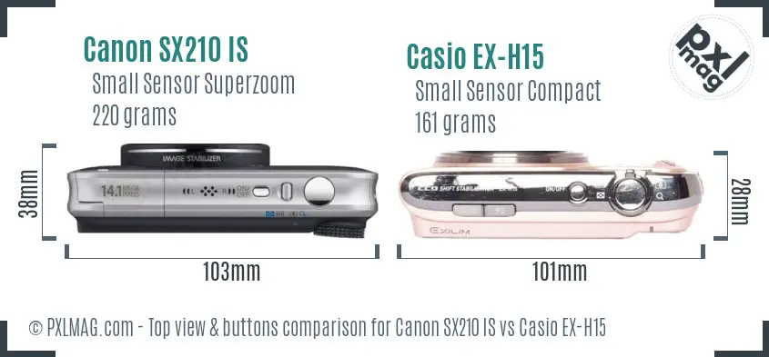 Canon SX210 IS vs Casio EX-H15 top view buttons comparison