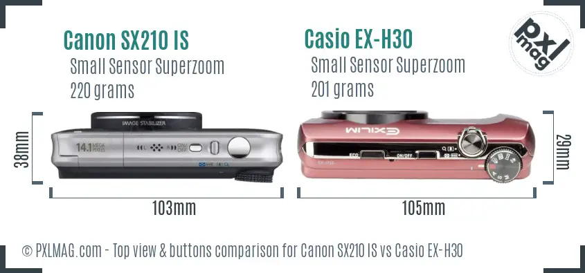 Canon SX210 IS vs Casio EX-H30 top view buttons comparison