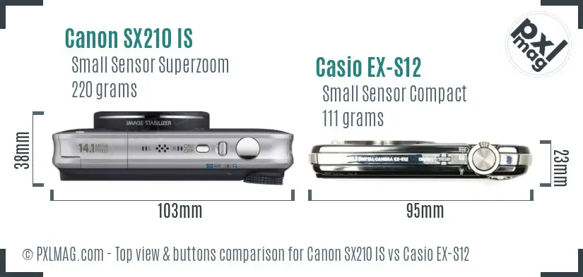 Canon SX210 IS vs Casio EX-S12 top view buttons comparison