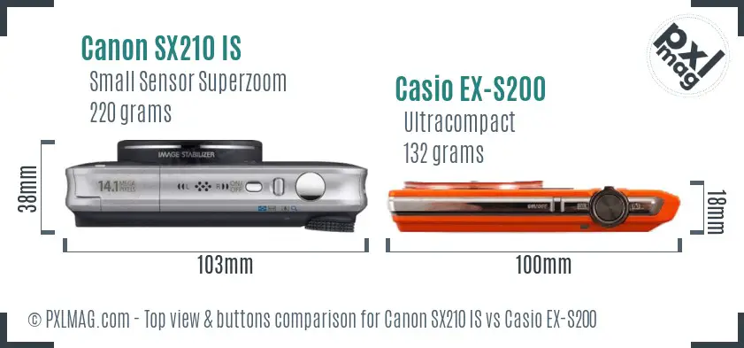 Canon SX210 IS vs Casio EX-S200 top view buttons comparison