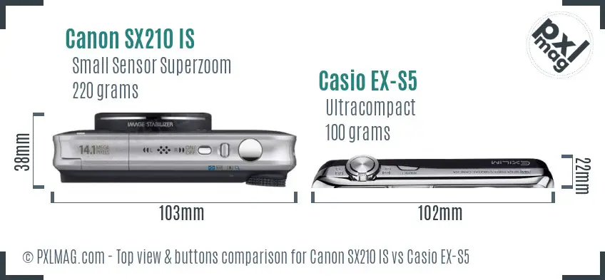 Canon SX210 IS vs Casio EX-S5 top view buttons comparison