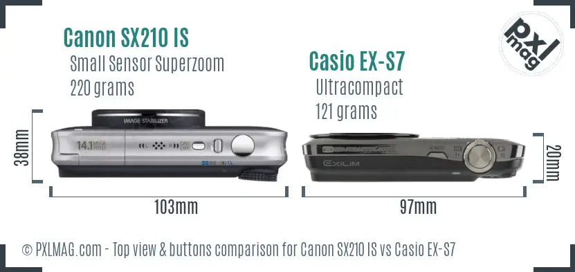 Canon SX210 IS vs Casio EX-S7 top view buttons comparison