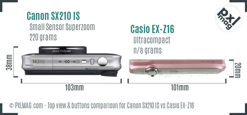Canon SX210 IS vs Casio EX-Z16 top view buttons comparison Canon SX210 IS vs Casio EX-Z16 top view buttons comparison
