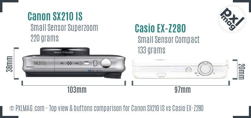 Canon SX210 IS vs Casio EX-Z280 top view buttons comparison