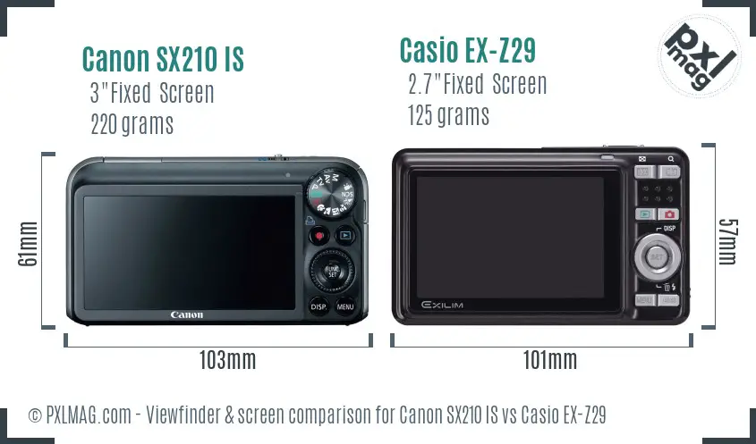 Canon SX210 IS vs Casio EX-Z29 Screen and Viewfinder comparison