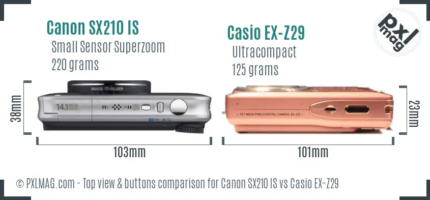 Canon SX210 IS vs Casio EX-Z29 top view buttons comparison
