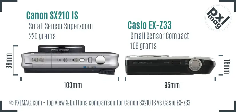 Canon SX210 IS vs Casio EX-Z33 top view buttons comparison