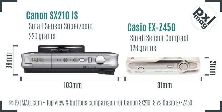Canon SX210 IS vs Casio EX-Z450 top view buttons comparison