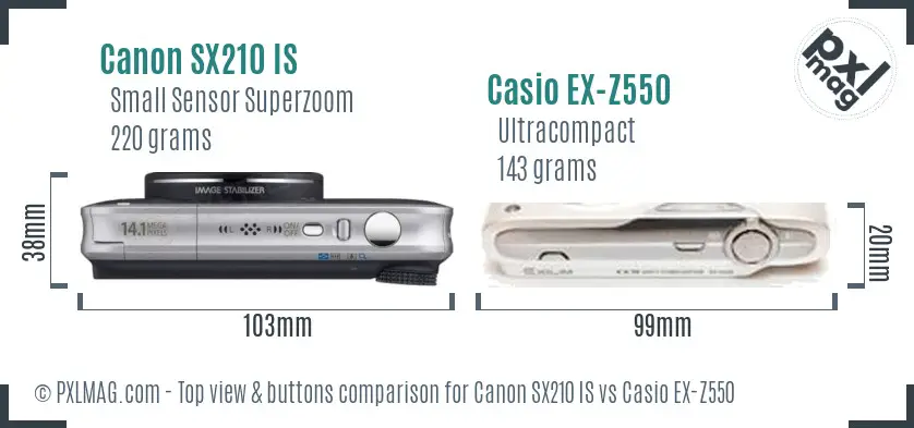 Canon SX210 IS vs Casio EX-Z550 top view buttons comparison