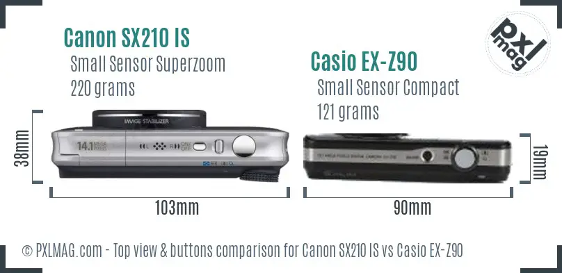 Canon SX210 IS vs Casio EX-Z90 top view buttons comparison