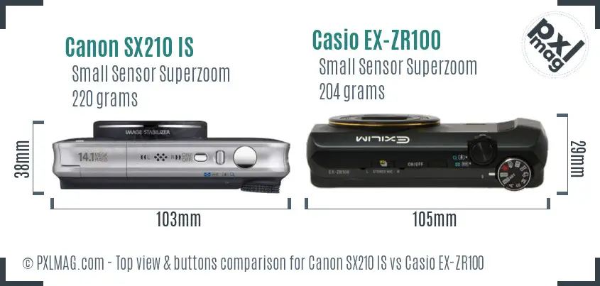 Canon SX210 IS vs Casio EX-ZR100 top view buttons comparison