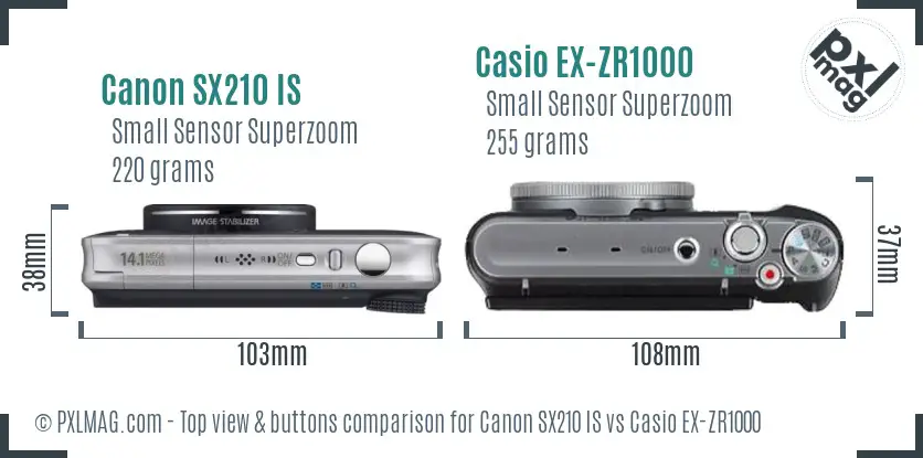 Canon SX210 IS vs Casio EX-ZR1000 top view buttons comparison