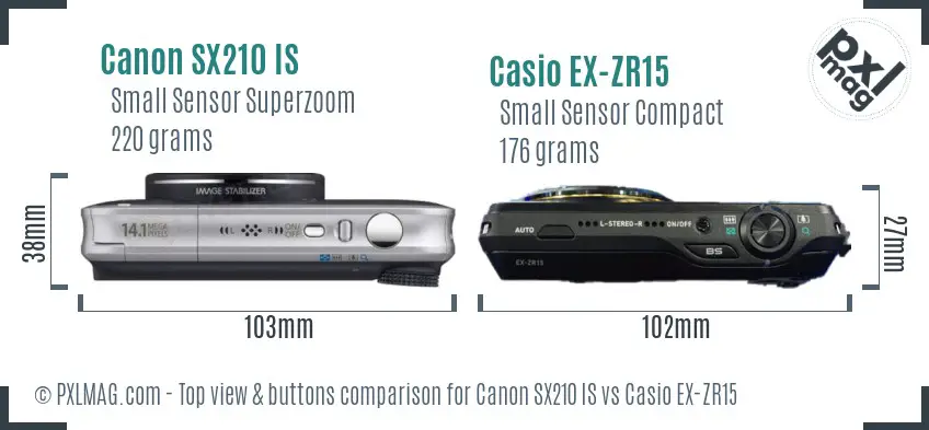 Canon SX210 IS vs Casio EX-ZR15 top view buttons comparison