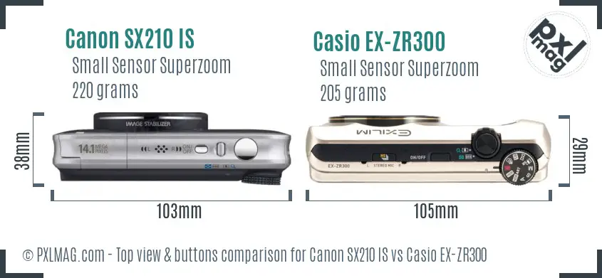 Canon SX210 IS vs Casio EX-ZR300 top view buttons comparison