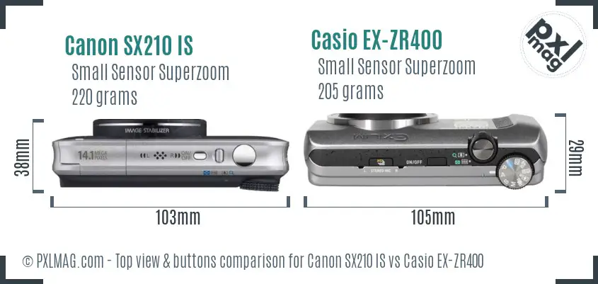 Canon SX210 IS vs Casio EX-ZR400 top view buttons comparison