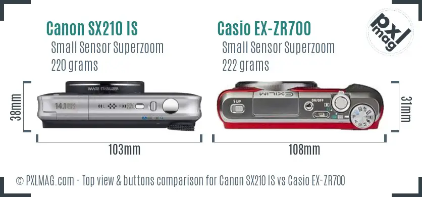 Canon SX210 IS vs Casio EX-ZR700 top view buttons comparison
