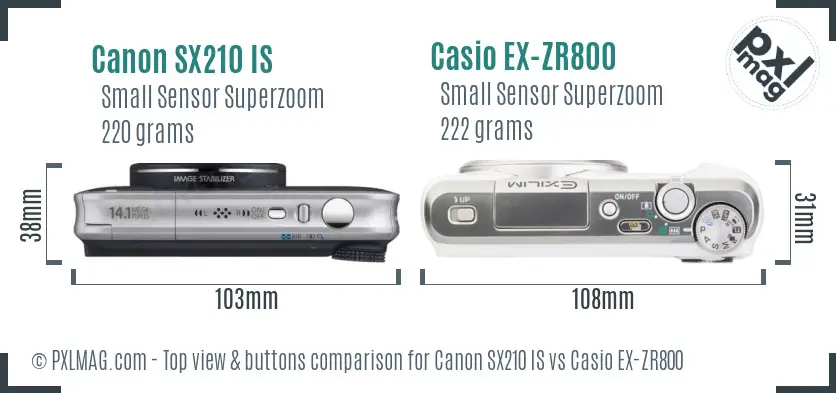 Canon SX210 IS vs Casio EX-ZR800 top view buttons comparison