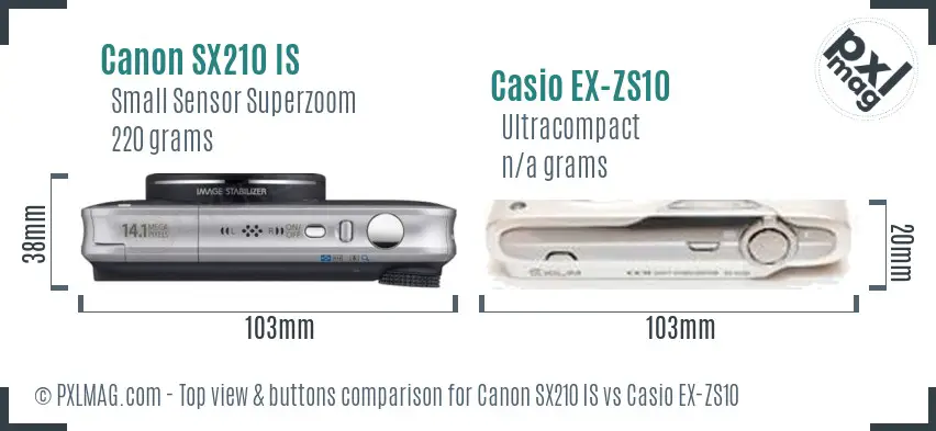 Canon SX210 IS vs Casio EX-ZS10 top view buttons comparison