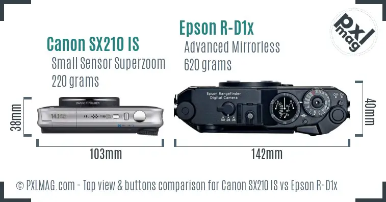 Canon SX210 IS vs Epson R-D1x top view buttons comparison