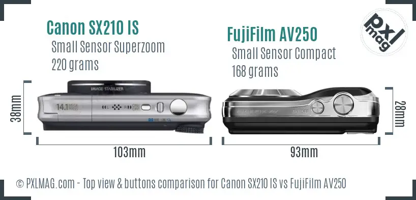 Canon SX210 IS vs FujiFilm AV250 top view buttons comparison Canon SX210 IS vs FujiFilm AV250 top view buttons comparison