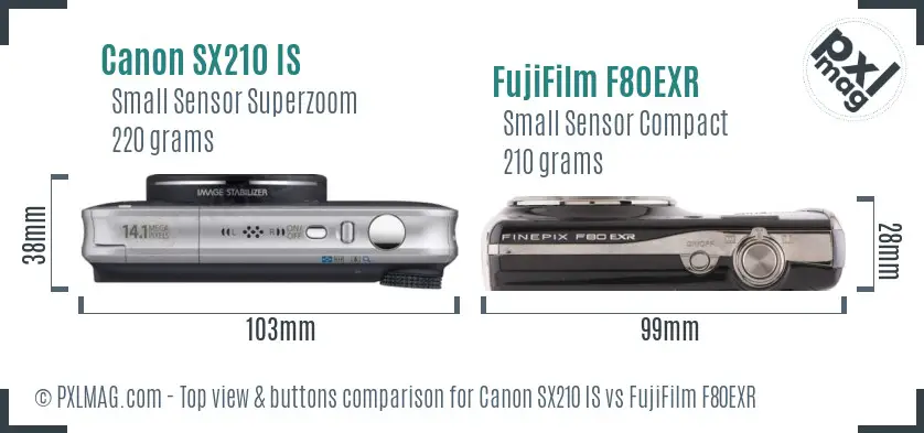 Canon SX210 IS vs FujiFilm F80EXR top view buttons comparison