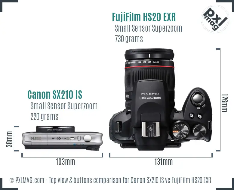 Canon SX210 IS vs FujiFilm HS20 EXR top view buttons comparison