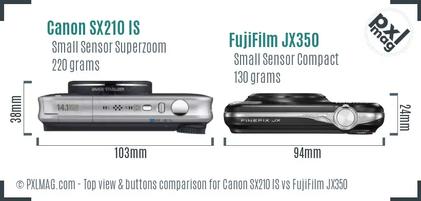 Canon SX210 IS vs FujiFilm JX350 top view buttons comparison