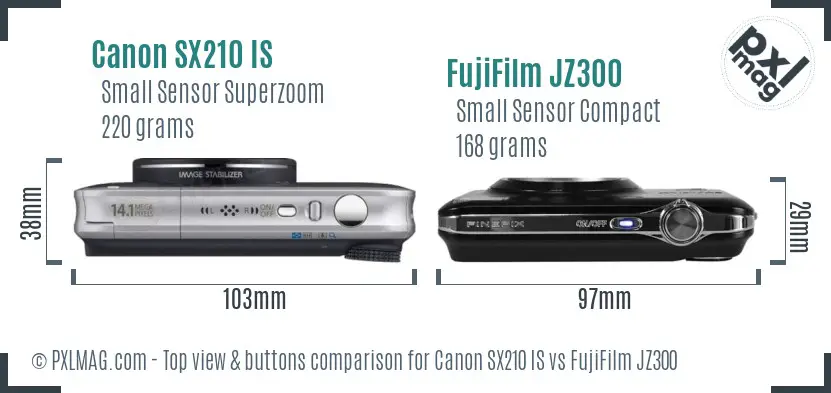 Canon SX210 IS vs FujiFilm JZ300 top view buttons comparison