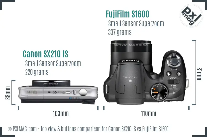 Canon SX210 IS vs FujiFilm S1600 top view buttons comparison