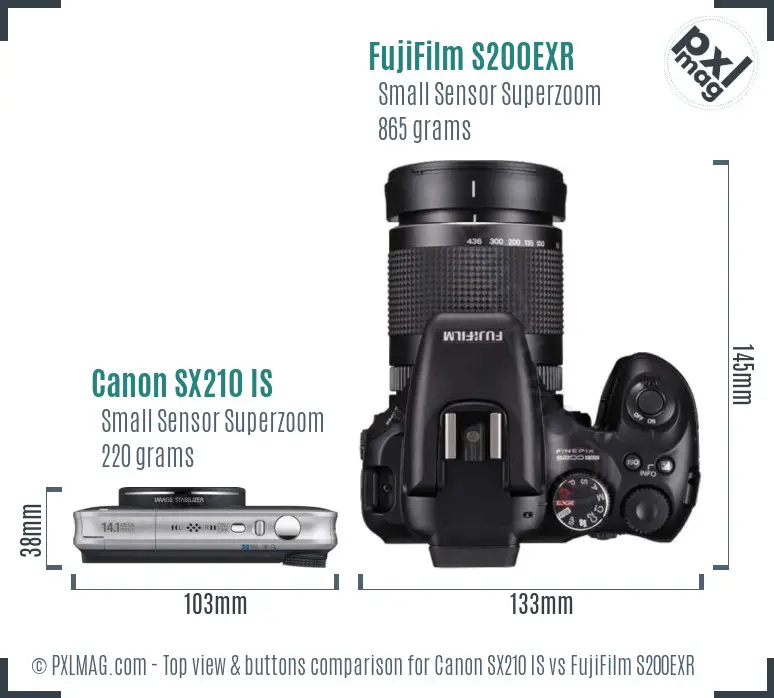 Canon SX210 IS vs FujiFilm S200EXR top view buttons comparison