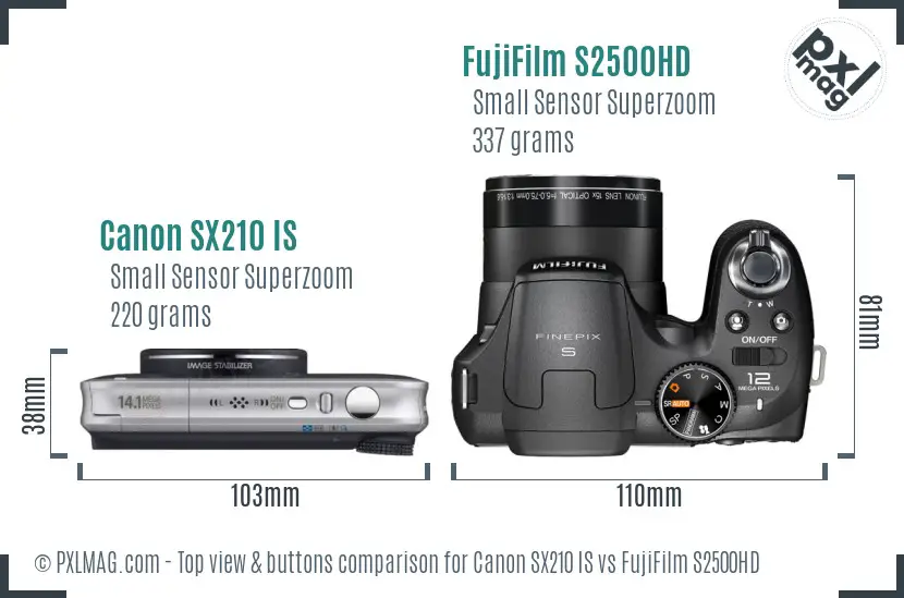 Canon SX210 IS vs FujiFilm S2500HD top view buttons comparison