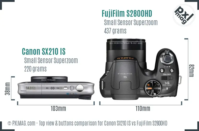Canon SX210 IS vs FujiFilm S2800HD top view buttons comparison