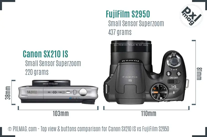 Canon SX210 IS vs FujiFilm S2950 top view buttons comparison